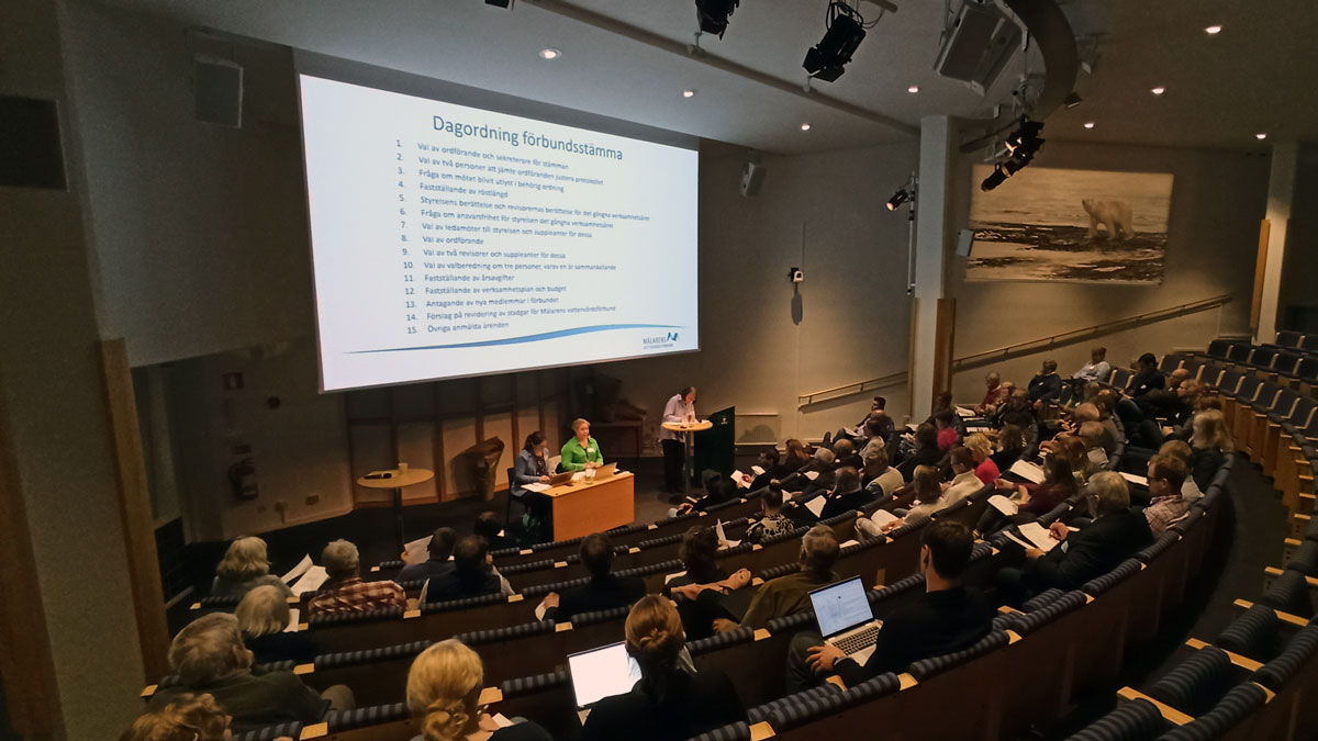 Bild över deltagare som sitter i föreläsningslokal med kansli och ordföranden på podium under årsstämman 2025