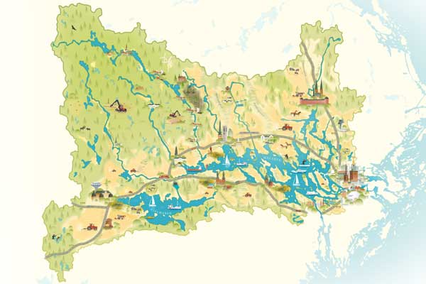Illustrerad karta över Mälaren, Hjälmaren och hela Mälarens avrinningsområde.
